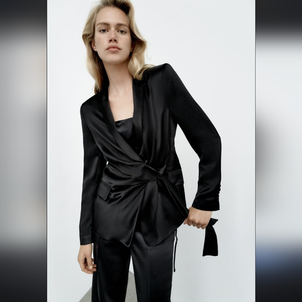 ZARA Black Satin Side Tied Blazer. Size Medium